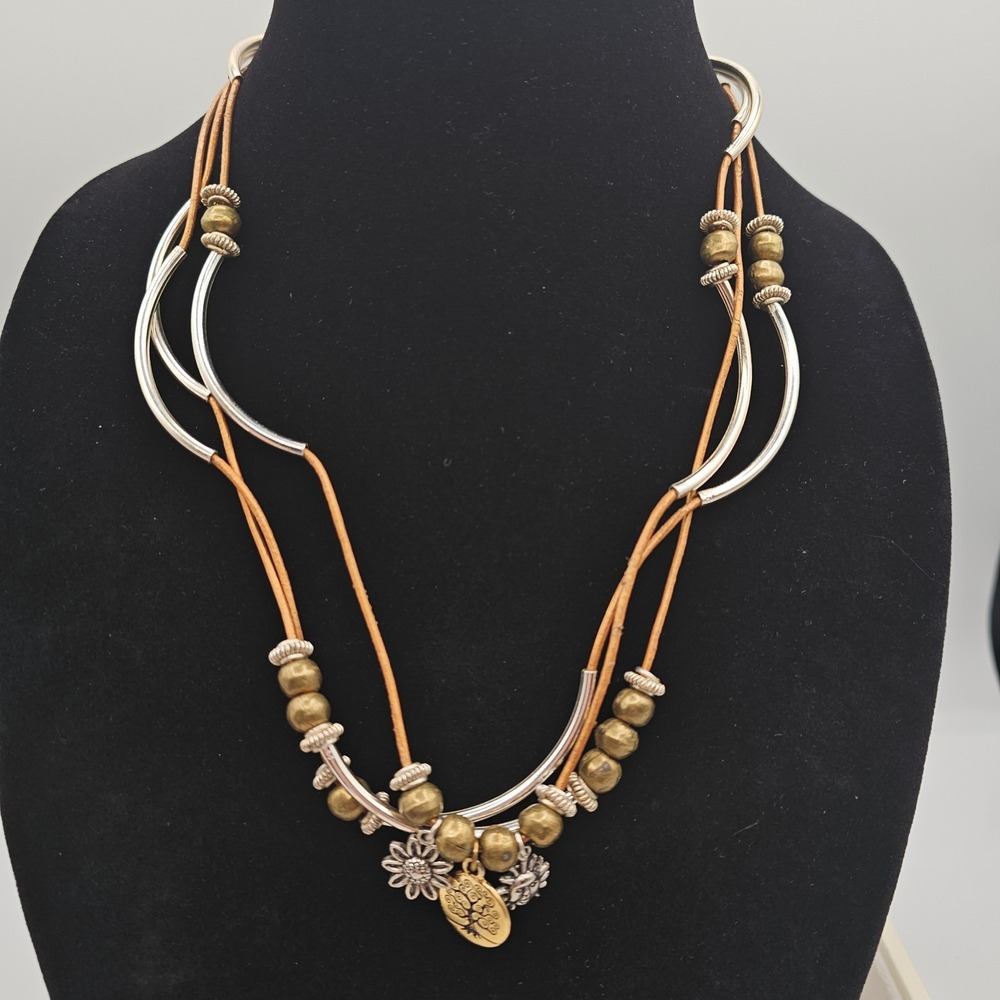 Lizzy James Necklace Tan Brown Leather Cord Mixed Metal Charms Tree of Life Boho